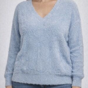 Philosophy Fuzzy Eyelash Knit V-Neck Sweater Soft Light Blue